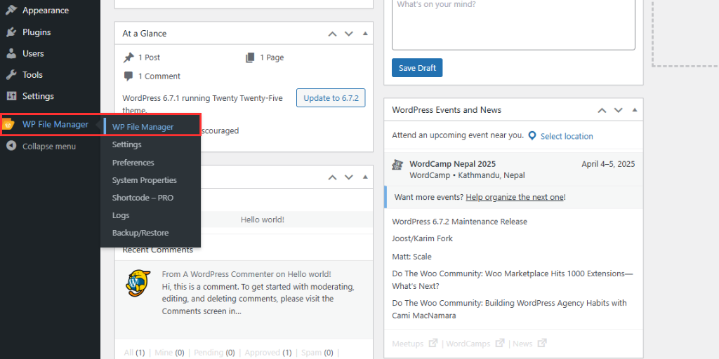 wp file manager in dashboard