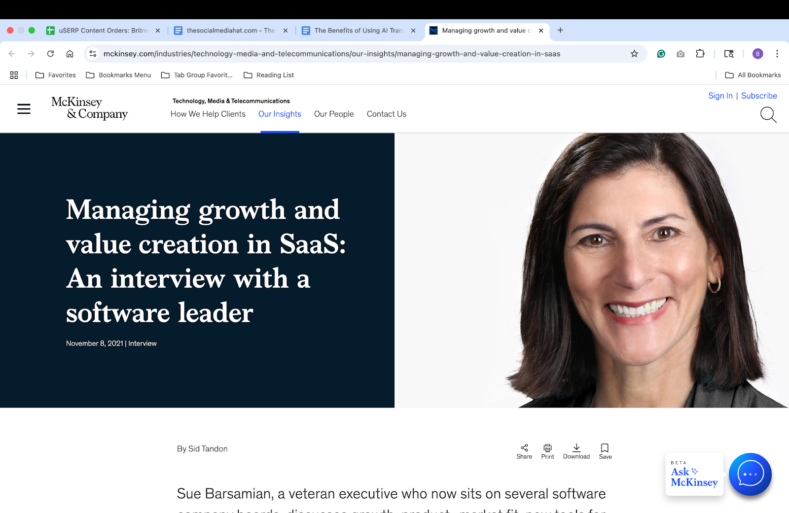 McKinsey article on Managing growth and value creation in SaaS: An interview with a software leader