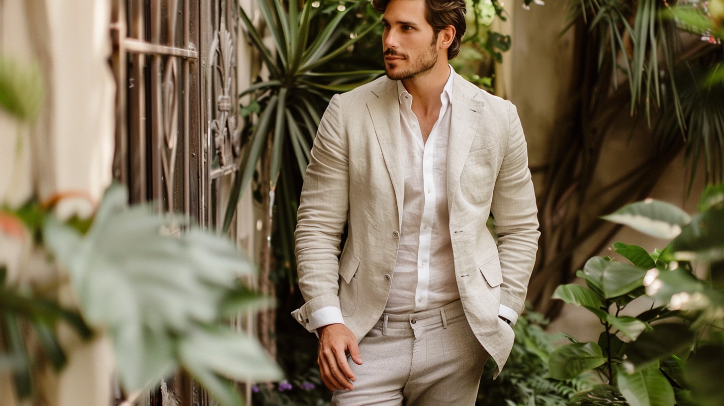 A man dressed in a light linen blazer paired with chinos and a button-down shirt, no tie. He wears loafers or clean leather sneakers. The setting is a casual outdoor daytime wedding with natural light and greenery.