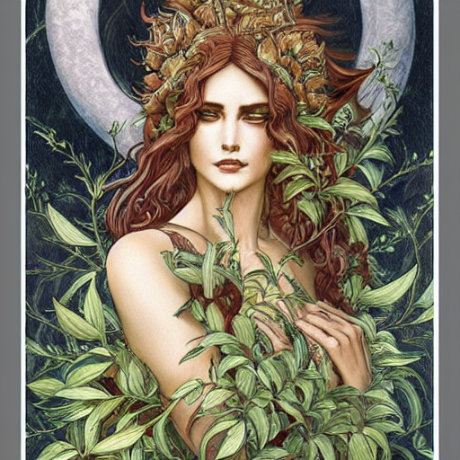 A captivating portrait of a woman with auburn hair adorned with flora, set against a backdrop of lush foliage and a crescent moon for Jasper Art review