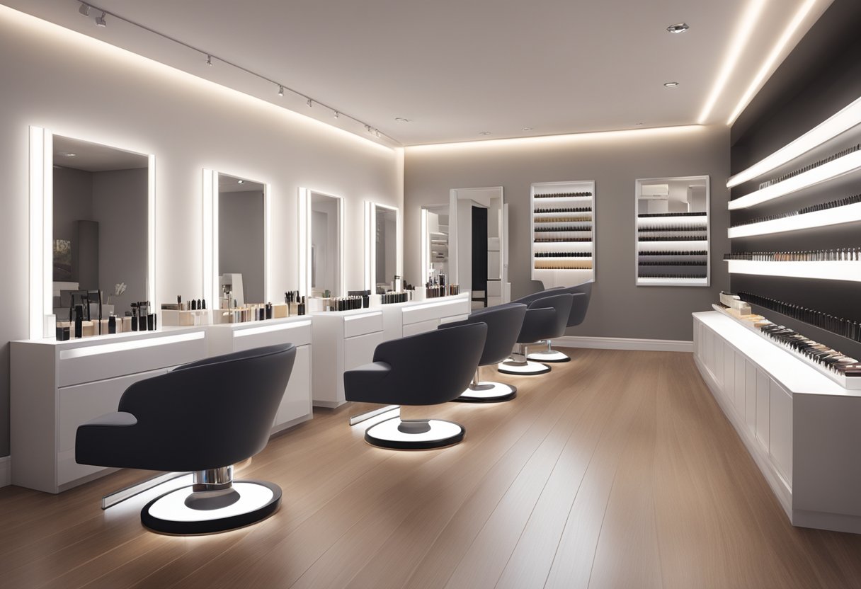 A modern and elegant lash studio with sleek decor, comfortable seating, and soft lighting. A display of various lash styles and products is showcased on the wall