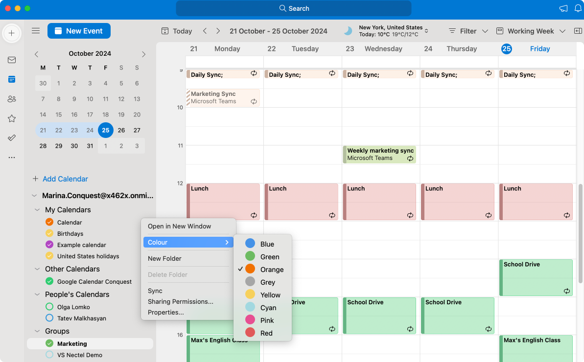 Pic. 3. Choosing colors for your calendars in Outlook for Mac.