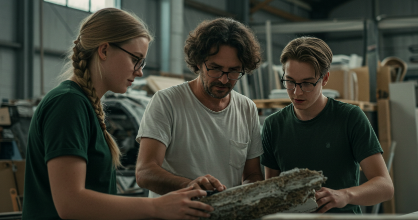 A team using recycled building materials to create new building products in the building materials industry