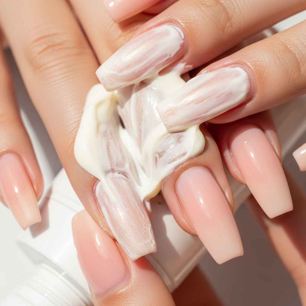 applying moisturizer cream on nails for care