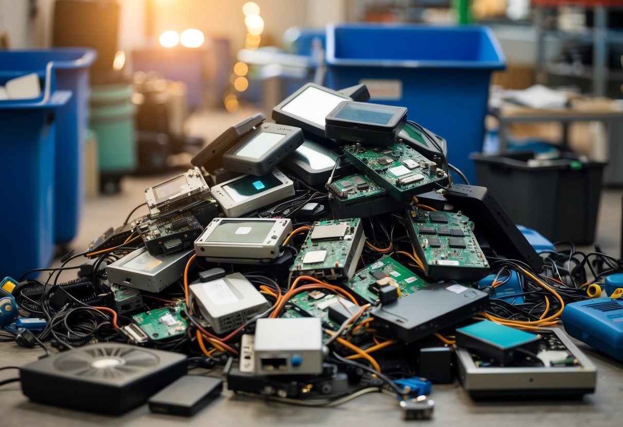 A pile of electronic devices being sorted and processed, with some items being refurbished for reuse and others being disassembled for recycling