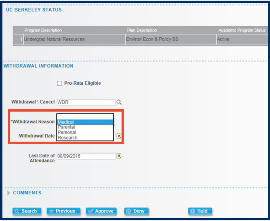 Withdrawal Reason list emphasized with red box highlight.