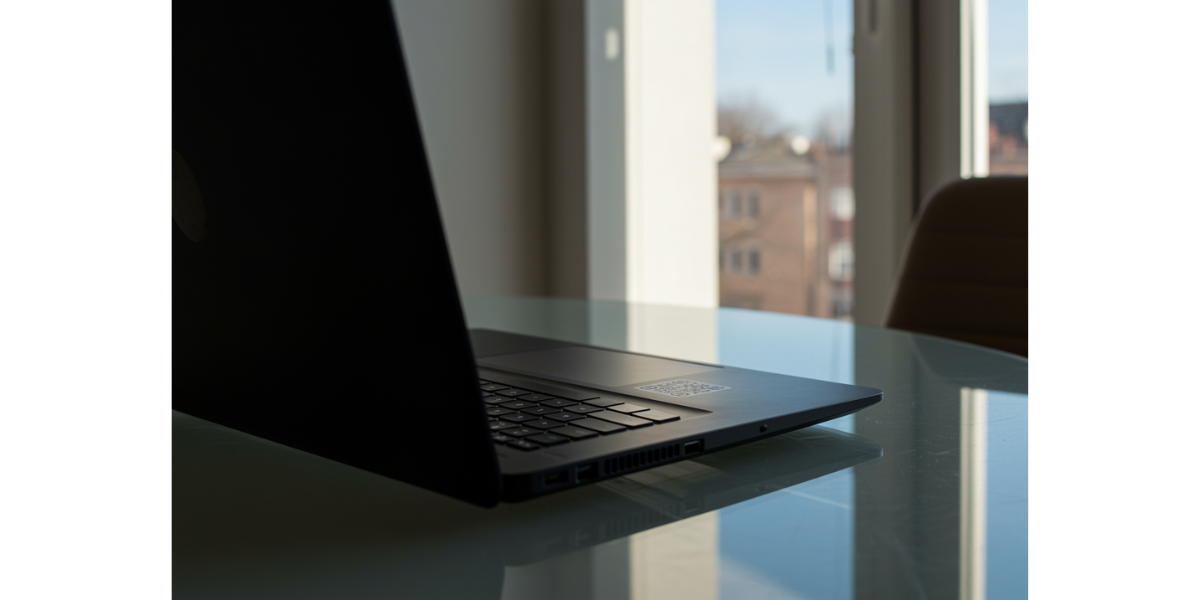 A QR Code sticker on a laptop.