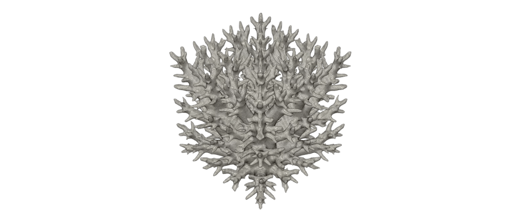 Nature-inspired, 3D topology-optimized heat sink for electronics cooling, featuring a coral-like shape for efficient heat dissipation.