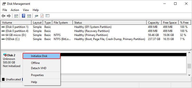 select initialize disk from disk management