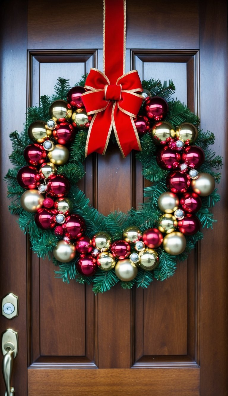 A traditional red and gold Christmas wreath hanging on a wooden door, adorned with shiny ornaments and a festive bow