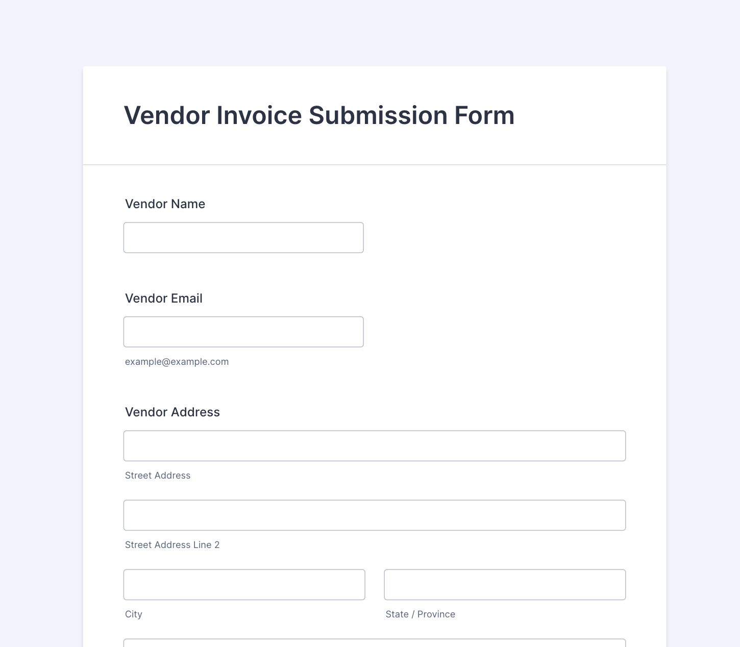 plantilla de formulario de solicitud de proveedor: Plantilla de formulario de envío de factura de proveedor de JotForm