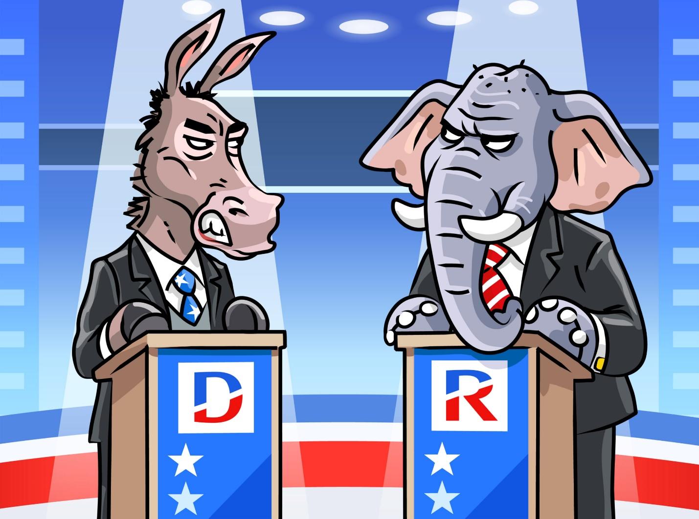 Cartoon donkey and elephant at podiumsDescription automatically generated