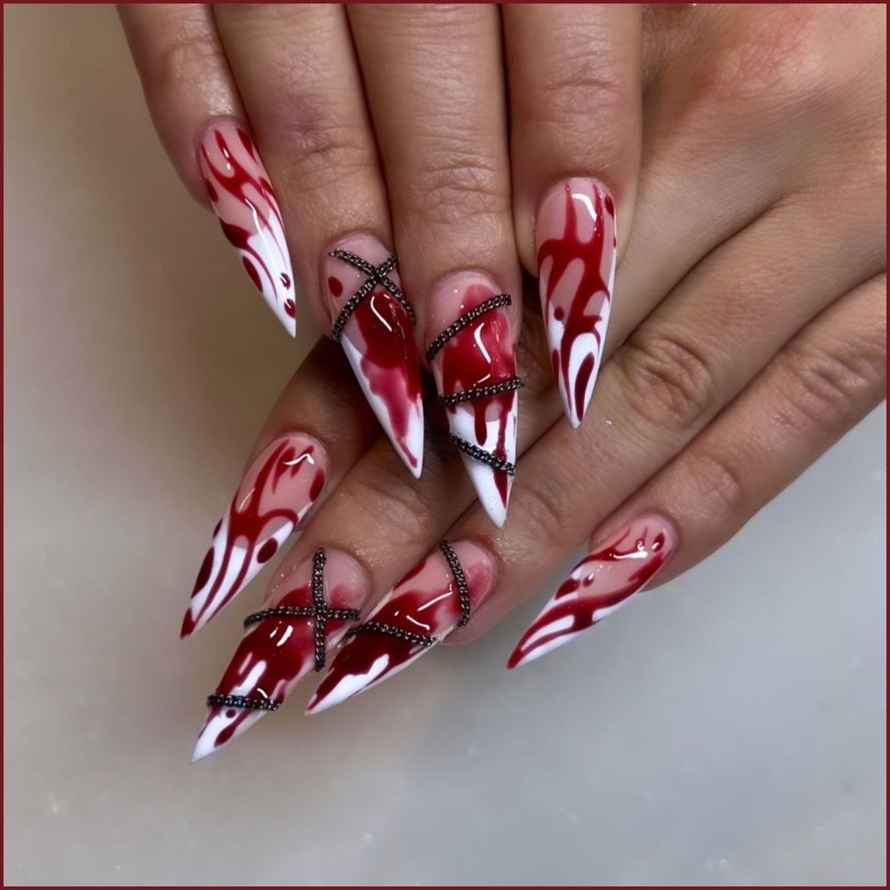 Close up of nails with spooky nails having Bloody Halloween Nails