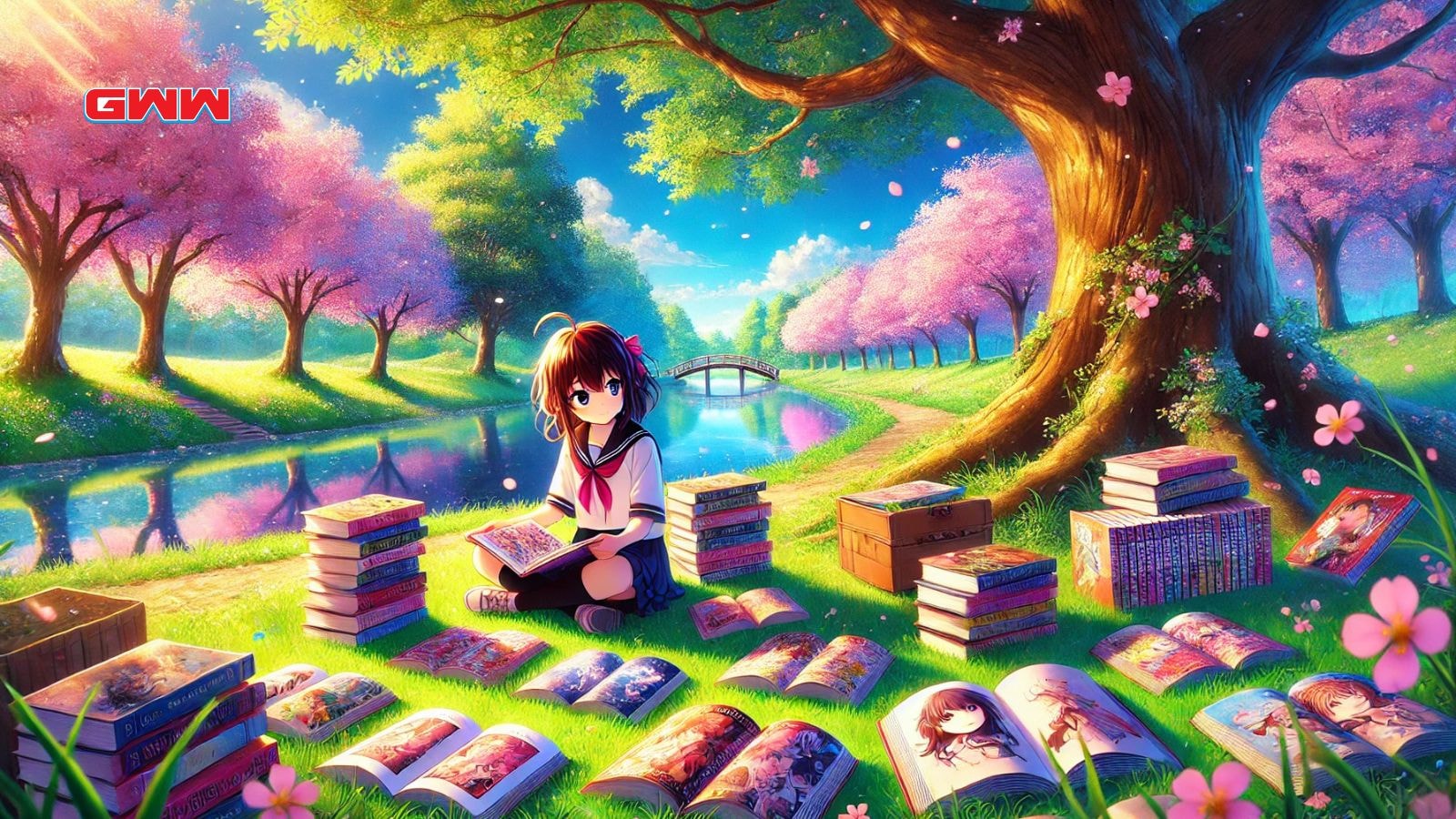 Anime girl reading manga under cherry blossoms near a river.