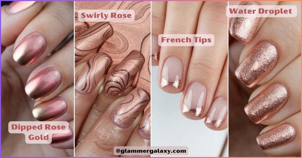 Four images of nails with different designs: Swirly Rose, Dipped Rose Gold, French Tips, and Water Droplet.