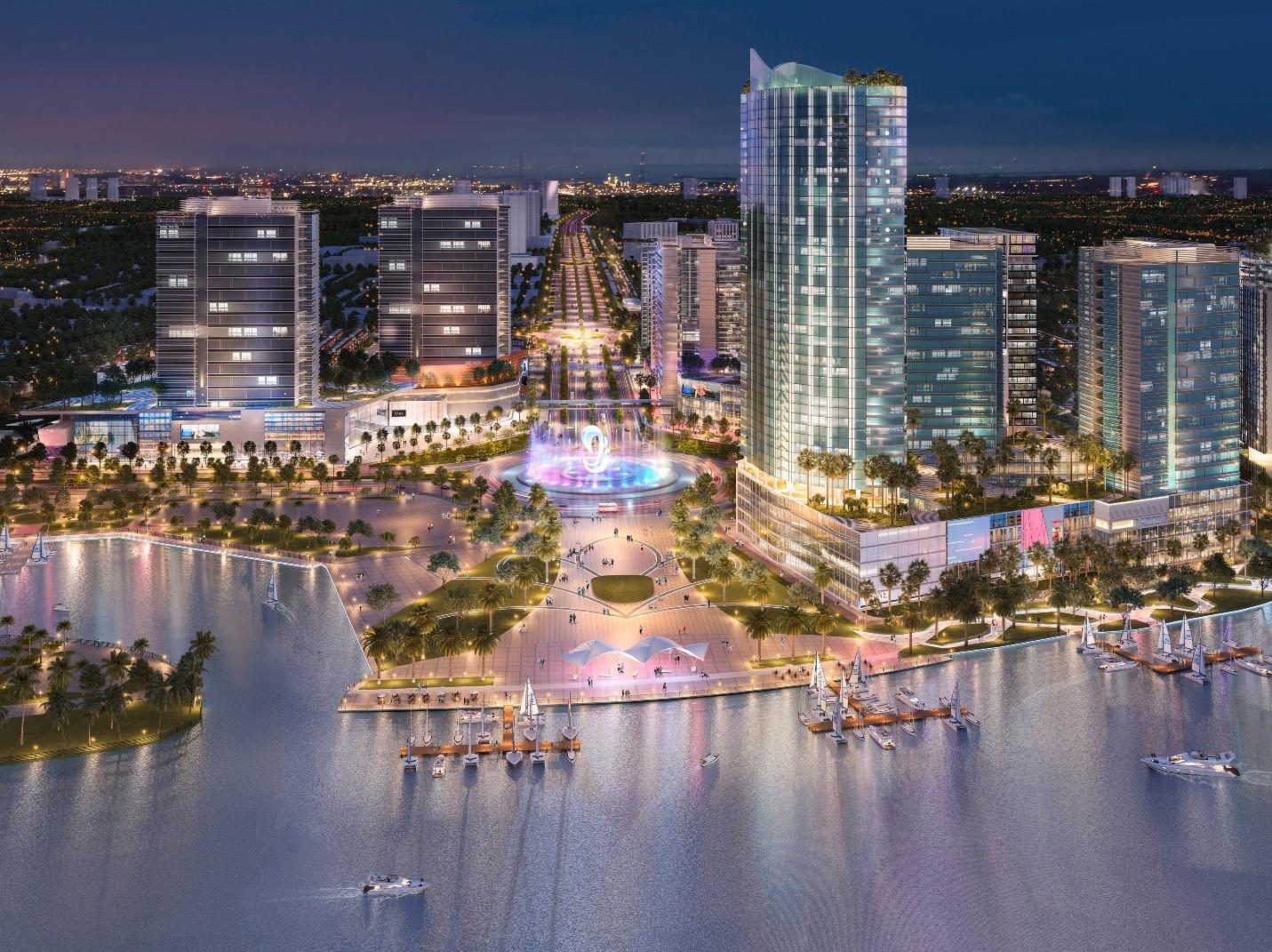 A city with many tall buildings and a body of waterAI-generated content may be incorrect.