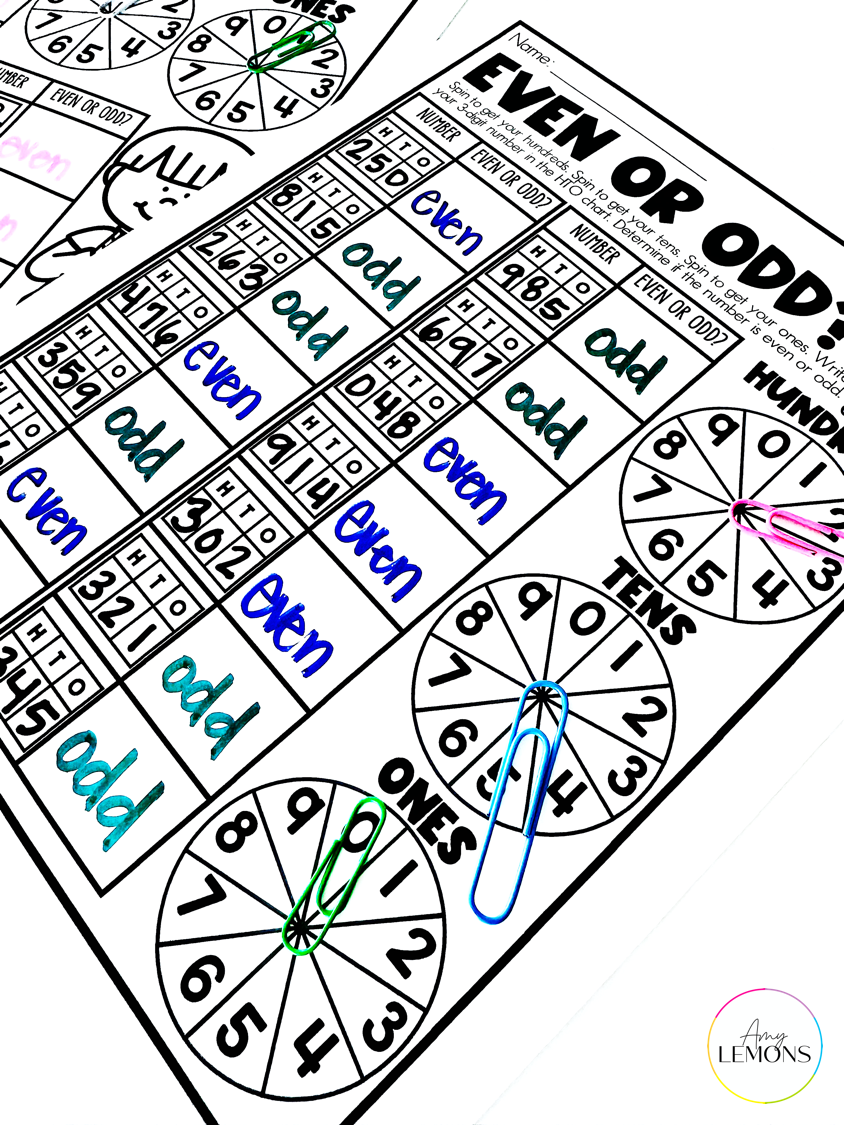 Even or Odd activity sheet for place value partner games