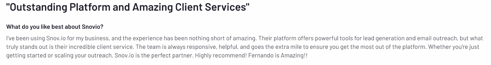 Positive user review on Snov.io's client support