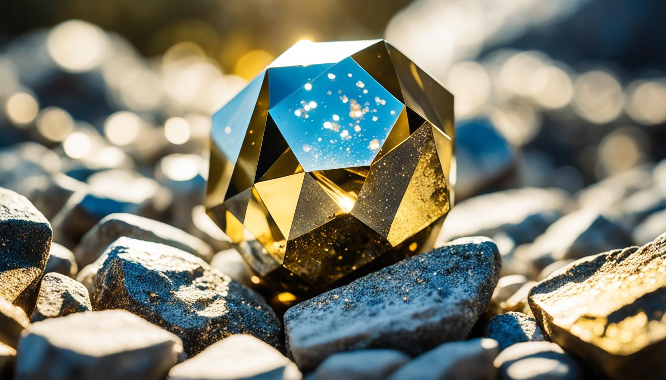 A shiny pyrite crystal standing tall and strong on a bed of rocks. The crystal is glowing with an abundance of golden light, radiating confidence and self-worth. Its facets reflect the surrounding environment, adding depth to the image. The background is a blur of earthy tones, putting the focus solely on the powerful pyrite crystal.