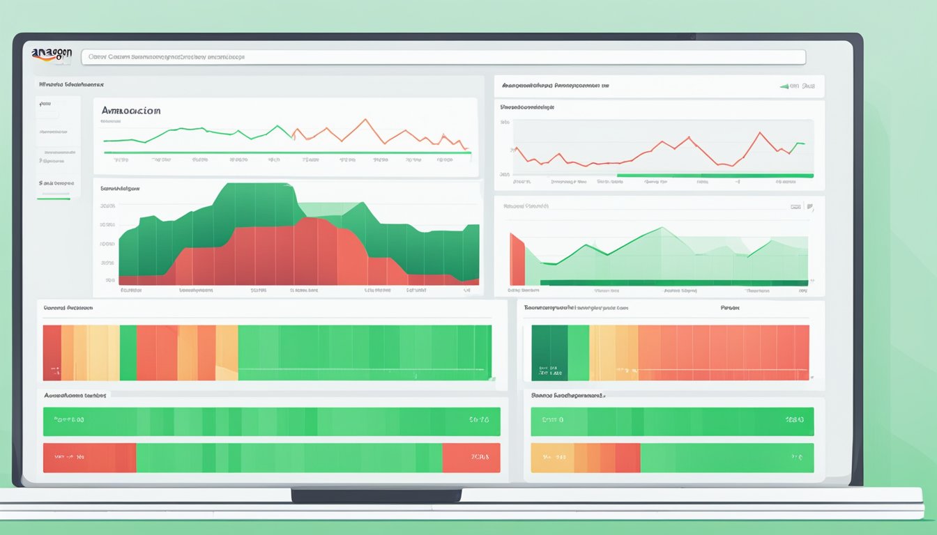 A computer screen displays Amazon account metrics. Green and red bars show performance. Notifications alert for issues