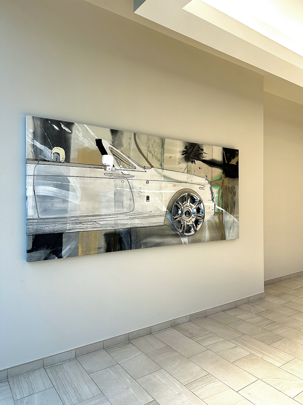 3d Pop Functional art installation by Erik Skoldberg featuring a Rolls Royce convertible integrated into a large-wall-art painting with a real chrome rim, commissioned as a one-of-a-kind statement piece for rolls royce and a luxury developer property and priced as investment-grade art