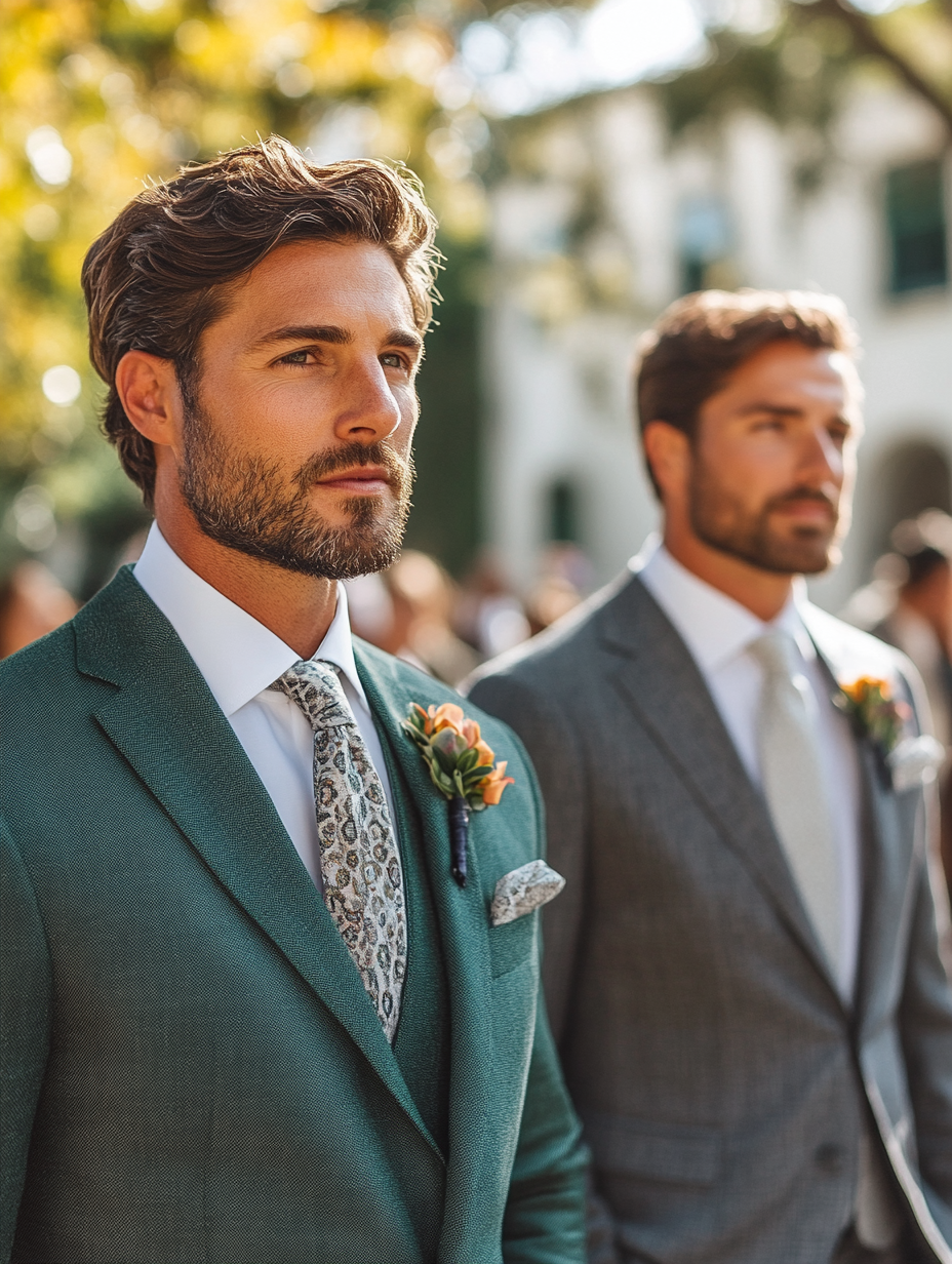 
A man in a semi-formal wedding, wearing a deep green suit with a light gray shirt, paired with a subtle patterned tie for a refined yet stylish look. Another man in a medium gray suit, with a white dress shirt and a pocket square, showing versatility in semi-formal wedding attire. Both men are dressed for a semi-formal wedding with polished, modern style in dark and medium shades