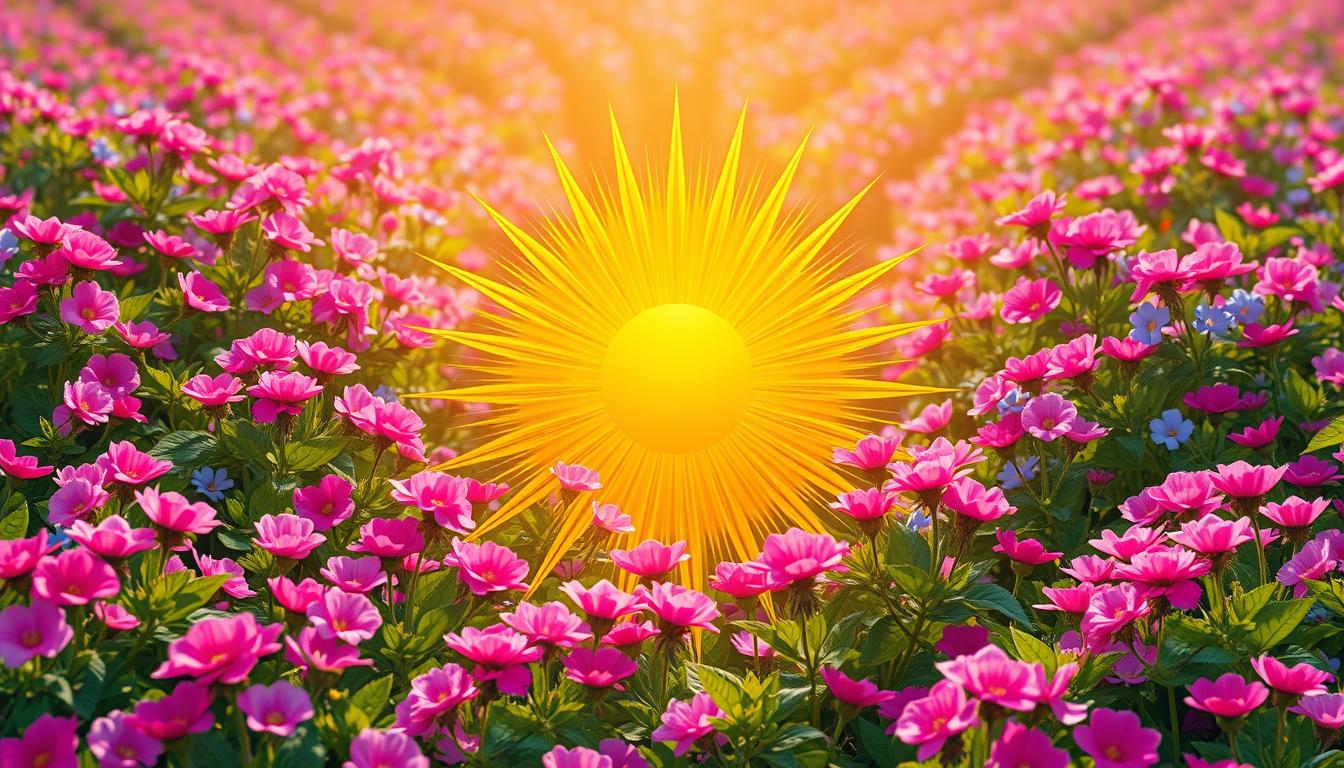 A golden sunburst surrounded by a field of blooming flowers in vibrant hues of pink, purple, and blue. The flowers are growing abundantly with healthy leaves and stems, filling the space with an atmosphere of richness and prosperity. The sunburst represents the power of attraction, radiating positivity and love towards all that surrounds it. The overall composition emanates an "abundance mindset" that attracts positivity and wealth into one's life.