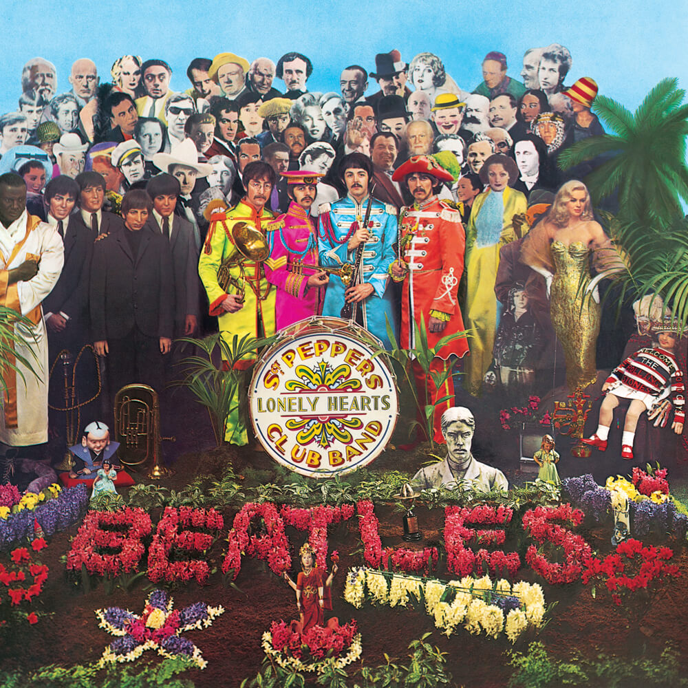 The Beatles' 'Sgt. Pepper’s Lonely Hearts Club Band' album cover featuring the band in colorful military-style outfits, surrounded by a crowd of famous figures and a flower arrangement spelling 'Beatles.