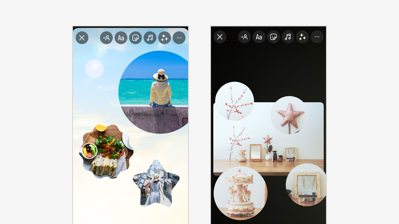 複数の写真スタンプを重ねてコラージュ風にしたり、写真の上にさらに写真をのせてると、よりおしゃれ