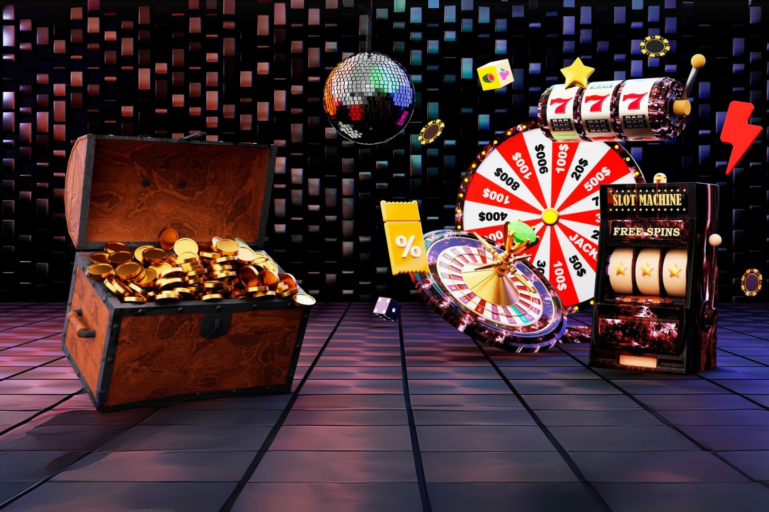 A lively casino with a colorful wheel and a box full of shiny coins.