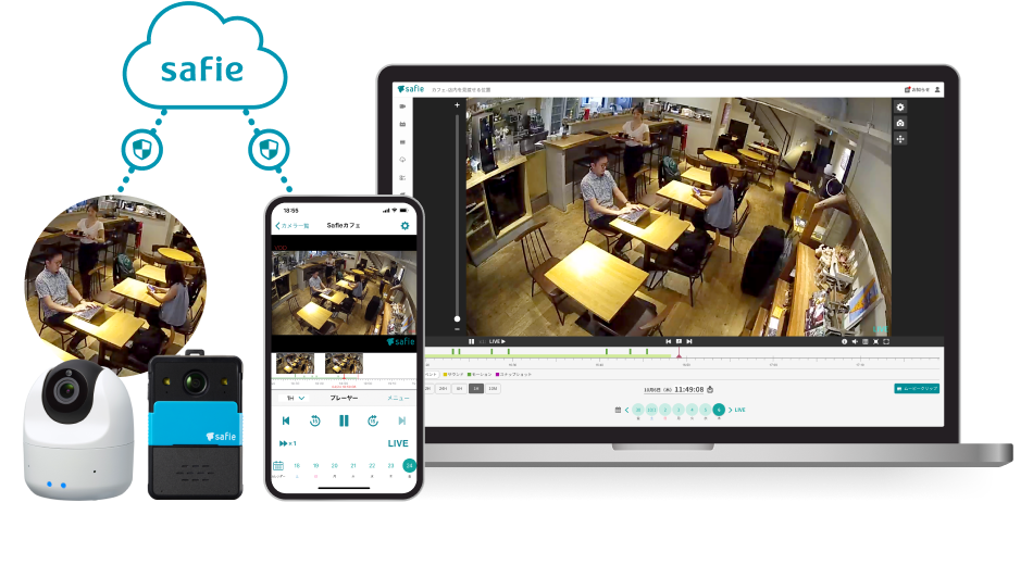 セーフィーのクラウド録画サービスとSafie One、Safie Pocketのカメラ画像を一枚にまとめた画像