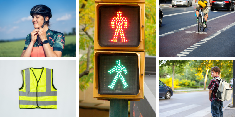 Collage showing pedestrian safety tips, including using safety equipment
