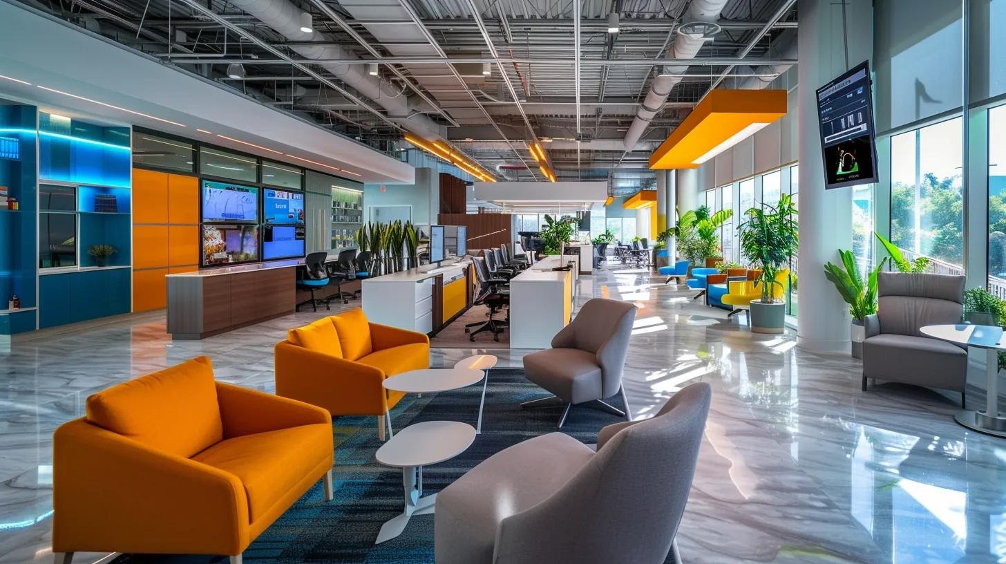 a sleek, modern office space is bustling with professionals engaged in dynamic discussions and brainstorming over digital displays, reflecting the vibrant energy of playas del coco's market and the significance of effectively measuring brand narratives to build consumer trust.