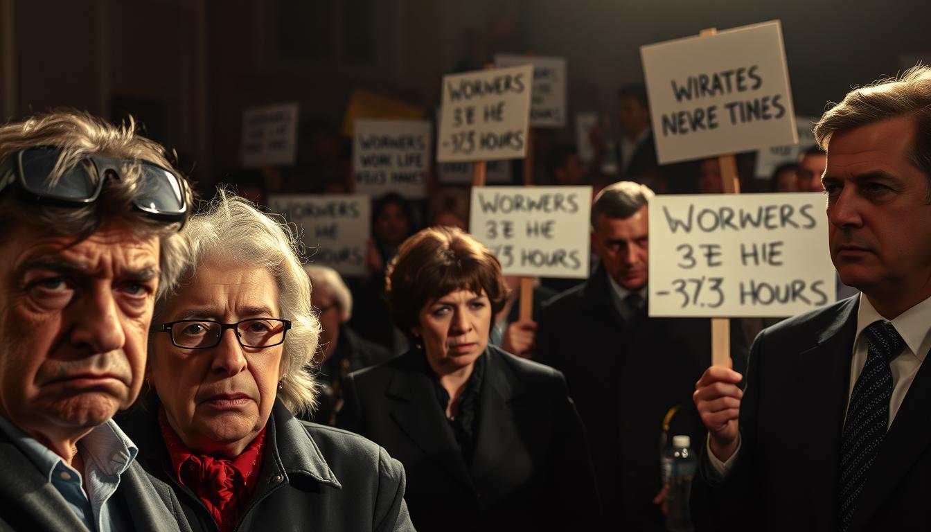 A dramatic scene depicting the reactions of key social and economic actors to the proposed reduction of the work week in Spain to 37.5 hours. In the foreground, a group of disgruntled business owners voice their concerns, their faces etched with worry. In the middle ground, a crowd of protesters holding signs demanding workers' rights and a better work-life balance. In the background, government officials appear contemplative, weighing the potential economic implications. The lighting is somber, casting long shadows that hint at the gravity of the situation. Captured with a wide-angle lens to convey the multifaceted nature of this contentious debate.
