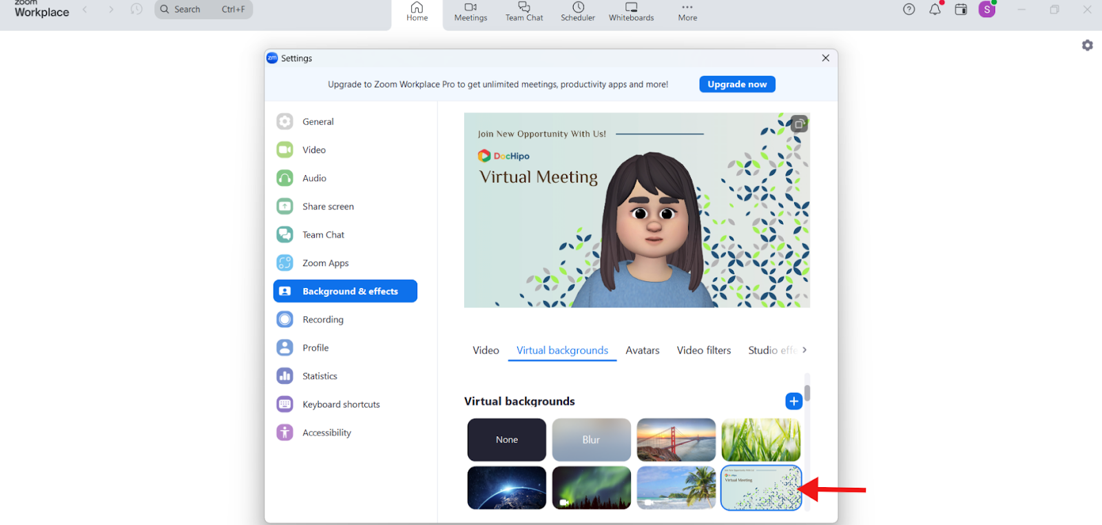Uploading Zoom background before meeting
