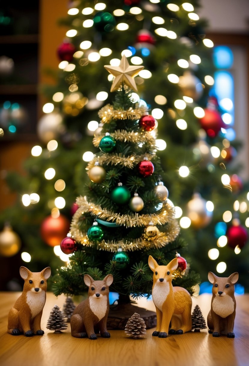 Woodland animal figurines placed around a Christmas tree, with twinkling lights and festive ornaments