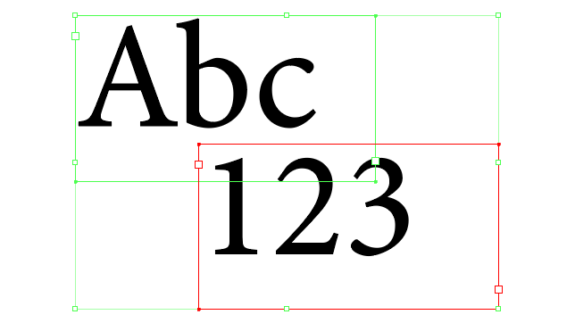 Image of two overlapping text frames. The top-left text frame contains the text Abc and is outlined in green. The bottom-right text frame contains the text 123 and is outlined in red.