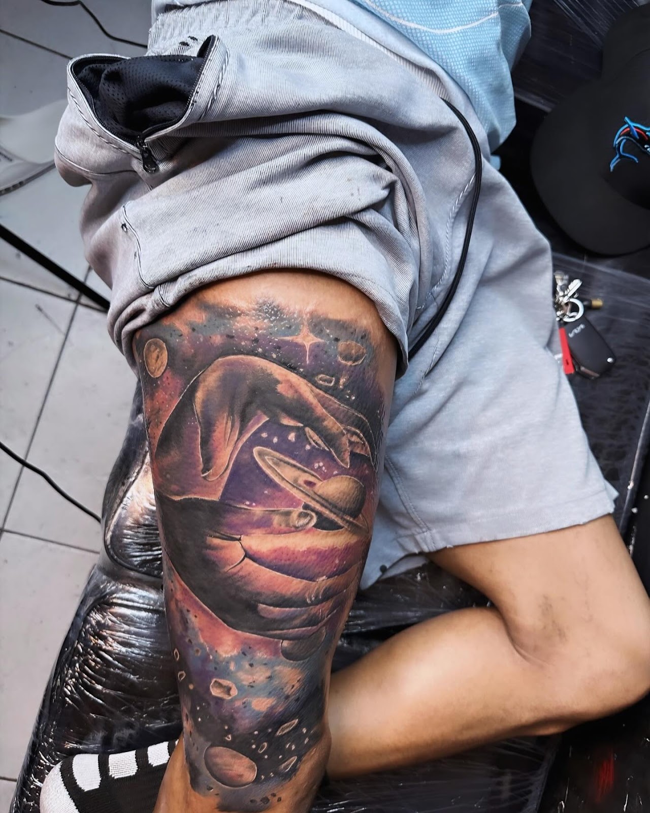 Galaxy and Space Exploration Thigh Tattoo