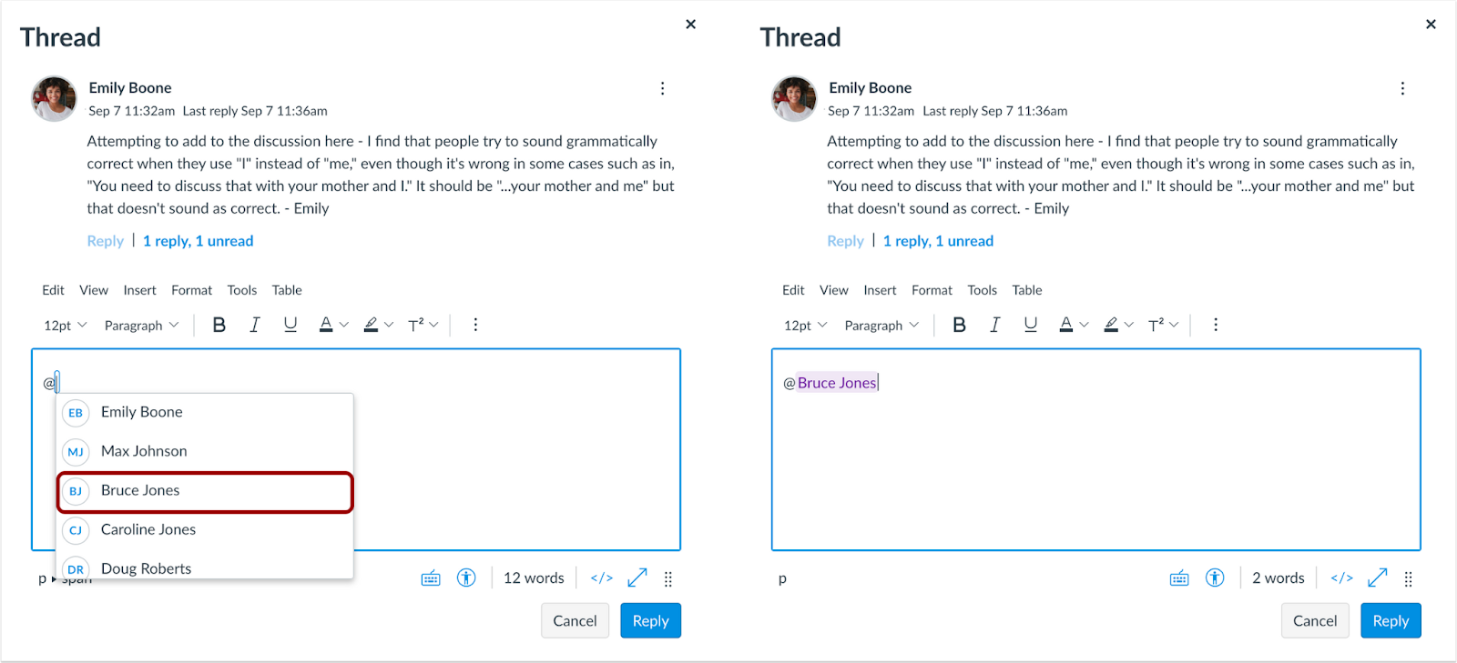 Canvas Discussion thread open with an @ symbol typed in the post which opens a drop down menu of all users in the course; users can select the name of the person they want to mention, which then highlights the user's name and sends a notification to them