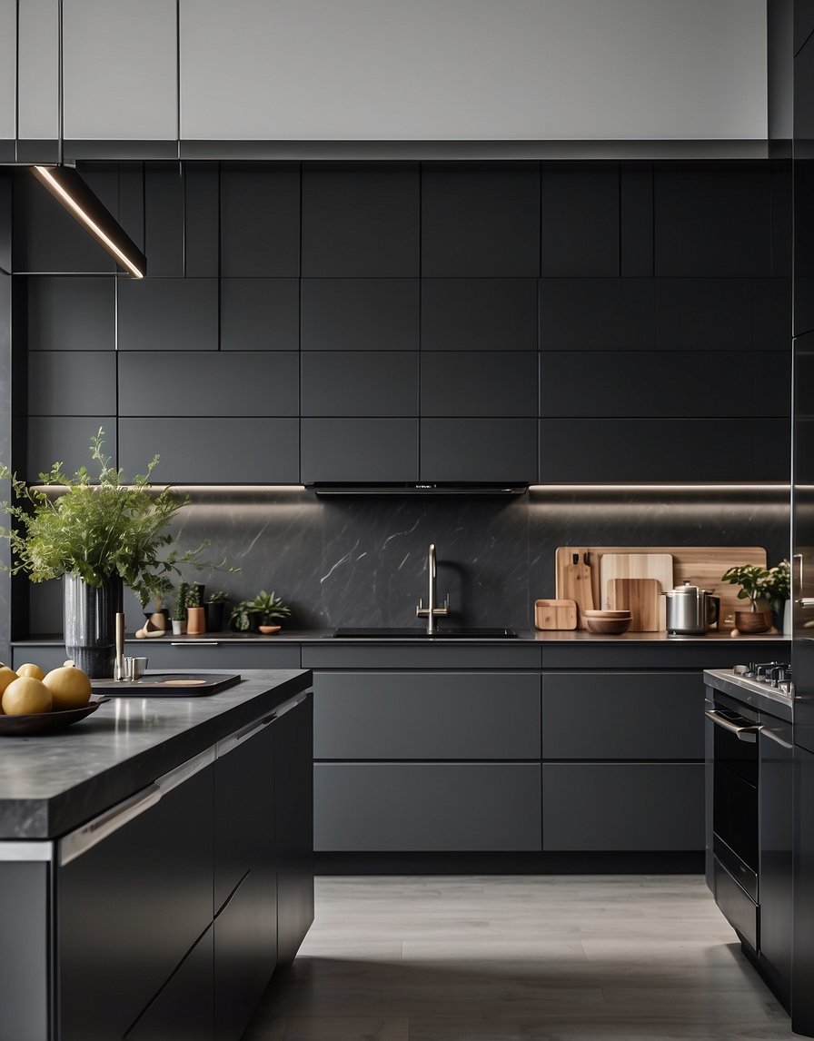 The dark gray kitchen cabinets stand out against the silver streak 32 background, creating a sleek and modern aesthetic