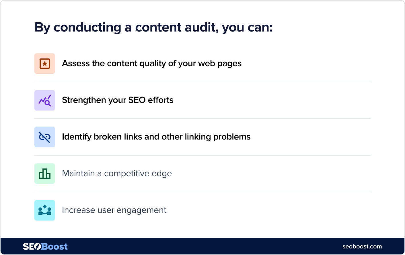A list containing the 5 benefits of conducting a content audit
