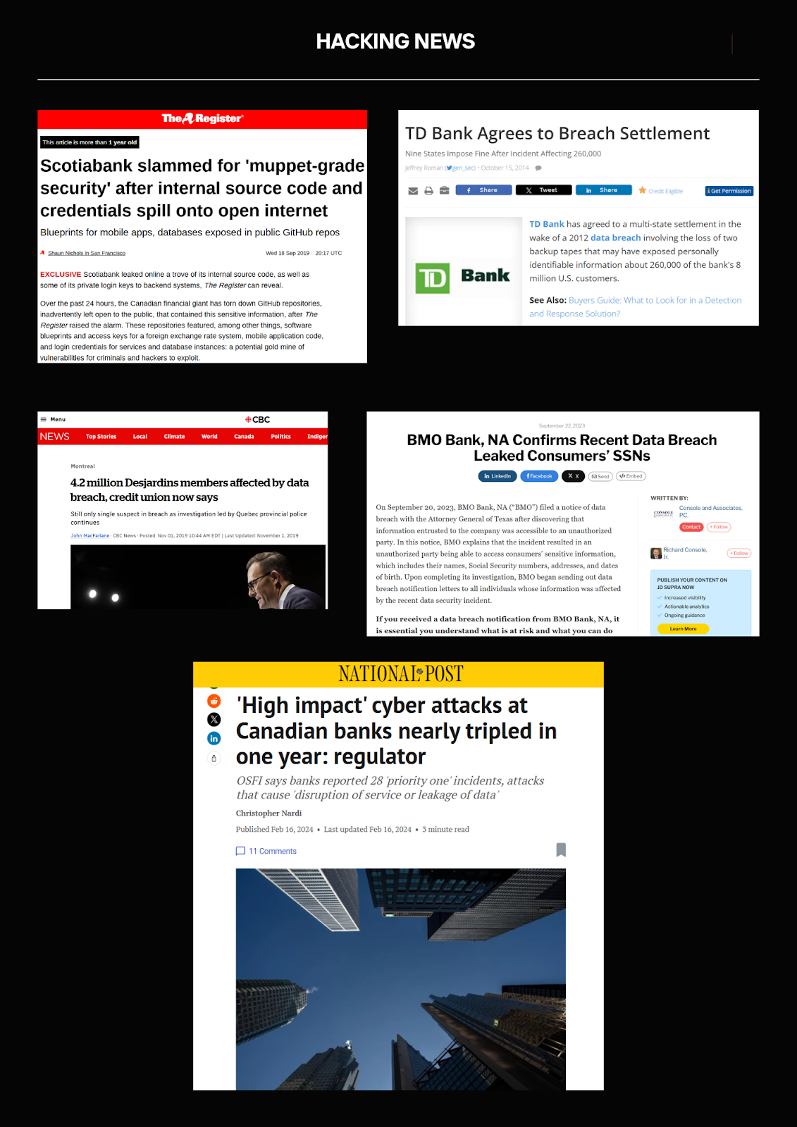 Collage of some banking hacks news publicly disclosed.