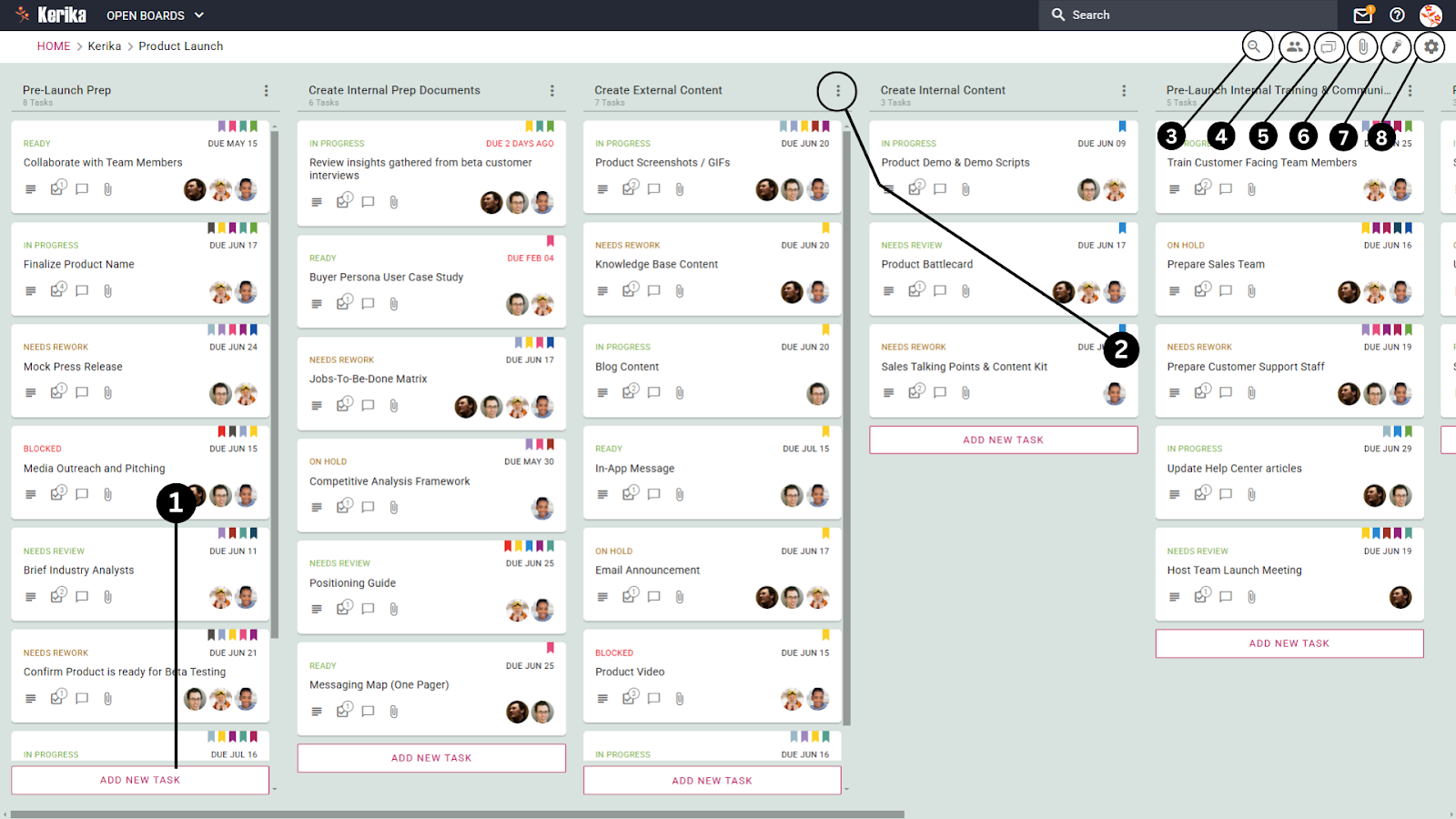 Kerika offers a product launch board that streamlines the initial task add, shown here with the ability to effortlessly capture new ideas and action items. This Kerika interface offers intuitive controls for task assignment and provides users with clear visual cues for managing team responsibilities. This feature helps teams stay agile and respond to changing priorities without missing a beat.
