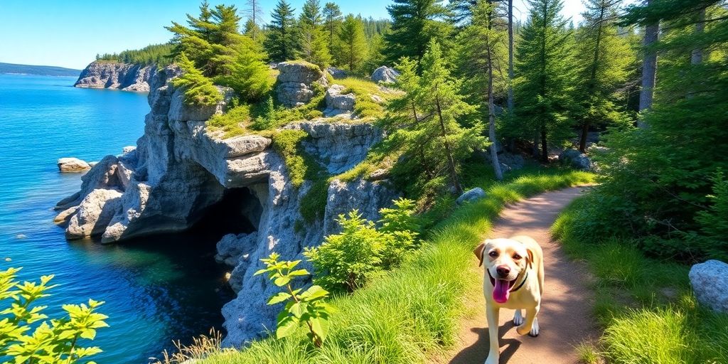 Dog exploring trail at Grotto Tobermory, surrounded by nature.