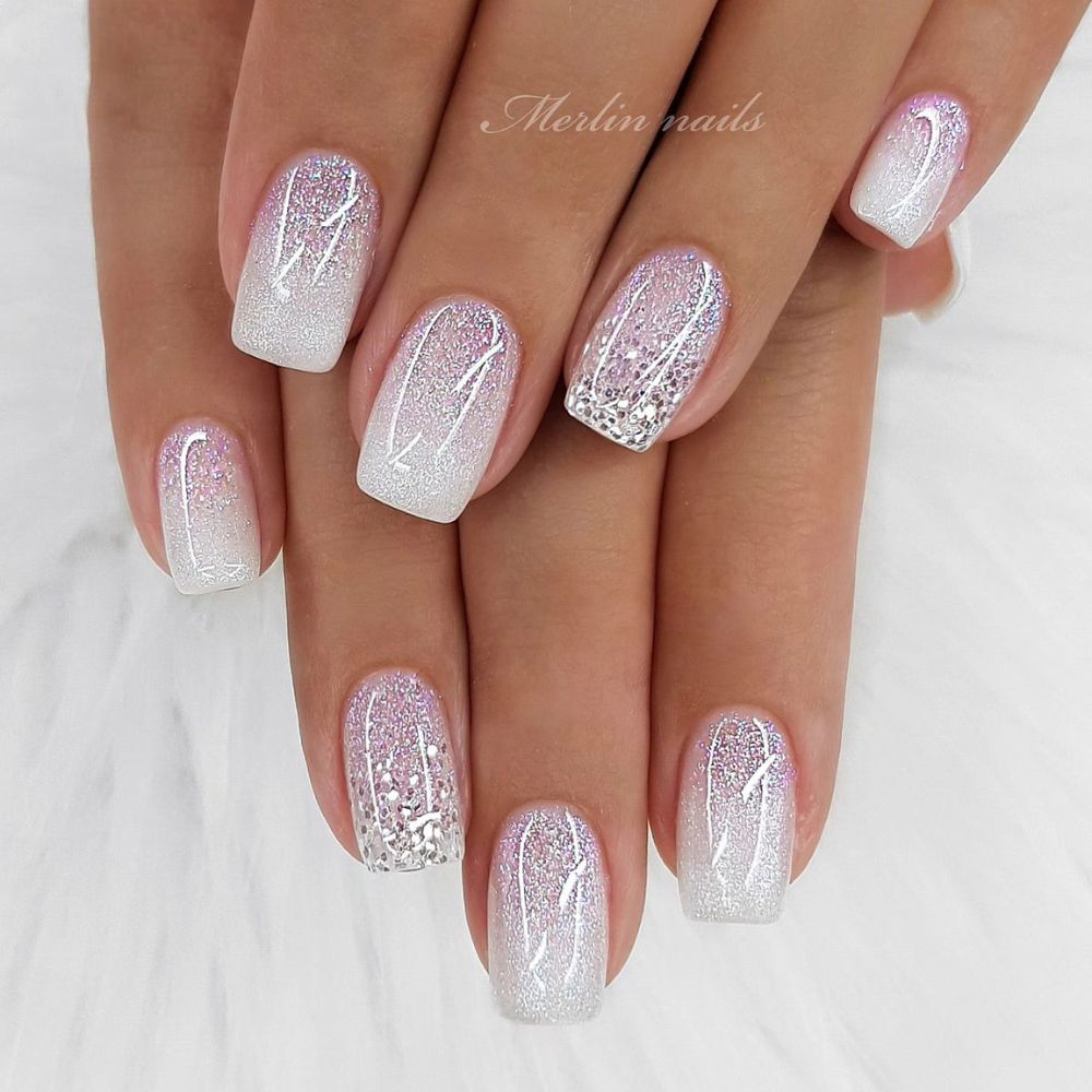 Simple White Nail Design having Sparkle and Shine