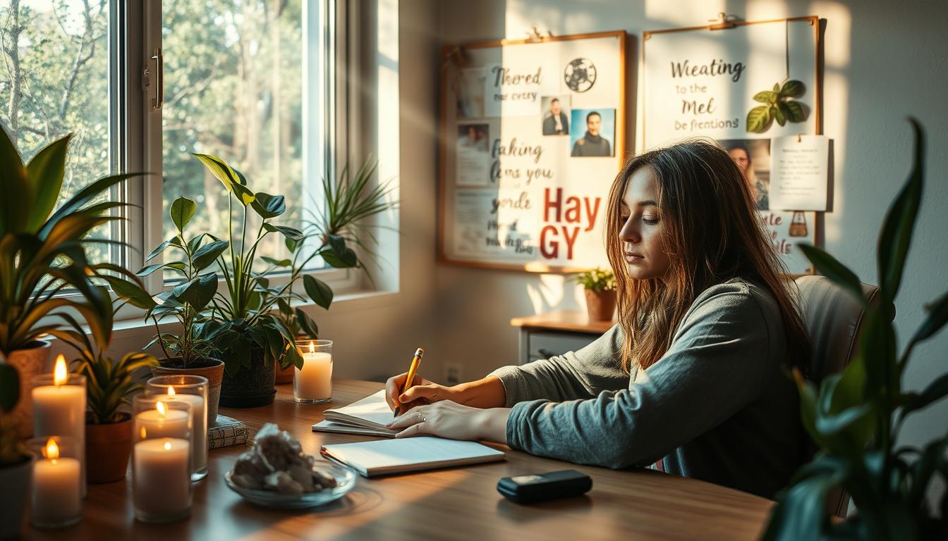 Create an image of a person sitting at a desk surrounded by plants, candles, and crystals while writing in a journal. The person has a look of determination on their face as they write down their dreams and manifestations. Rays of sunlight shine through the window and illuminate the room, creating a peaceful and serene atmosphere. In the background, there is a vision board with pictures and affirmations representing the person's goals and aspirations.