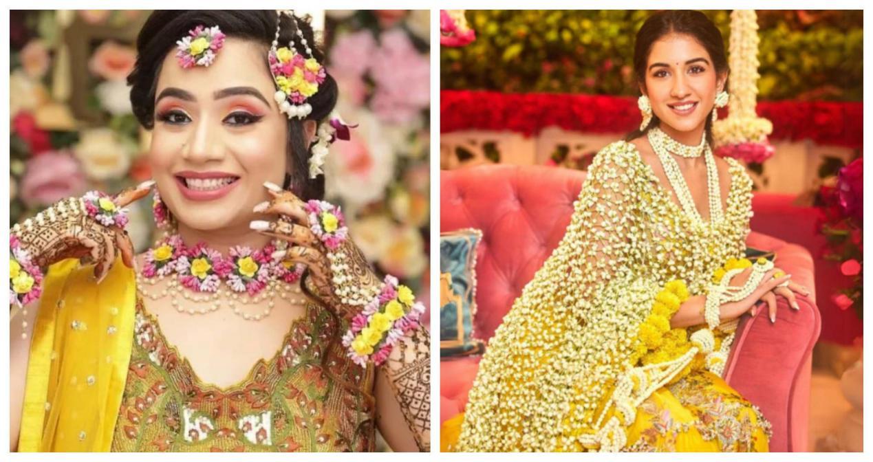 Floral Yellow Lehenga with Floral Jewellery Or Haath Phool