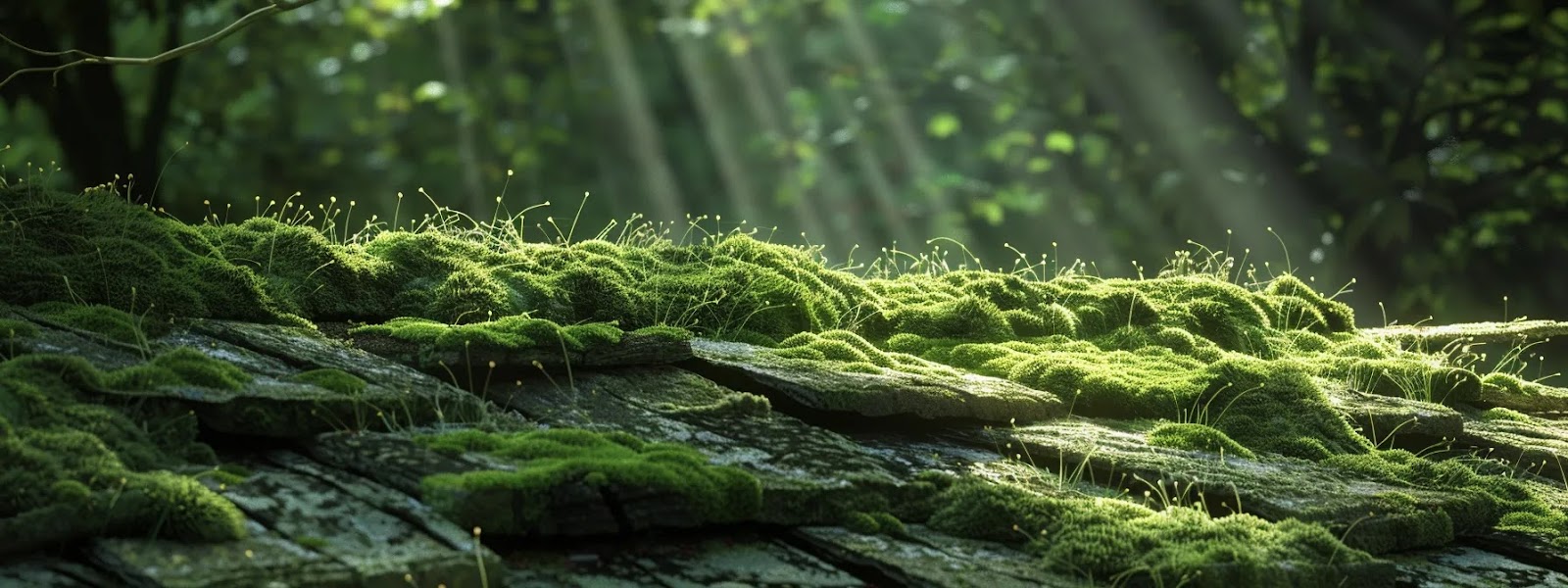 a picturesque shake roof 
covered in vibrant green moss, showcasing the natural elegance but also the maintenance challenges associated with this roofing material.