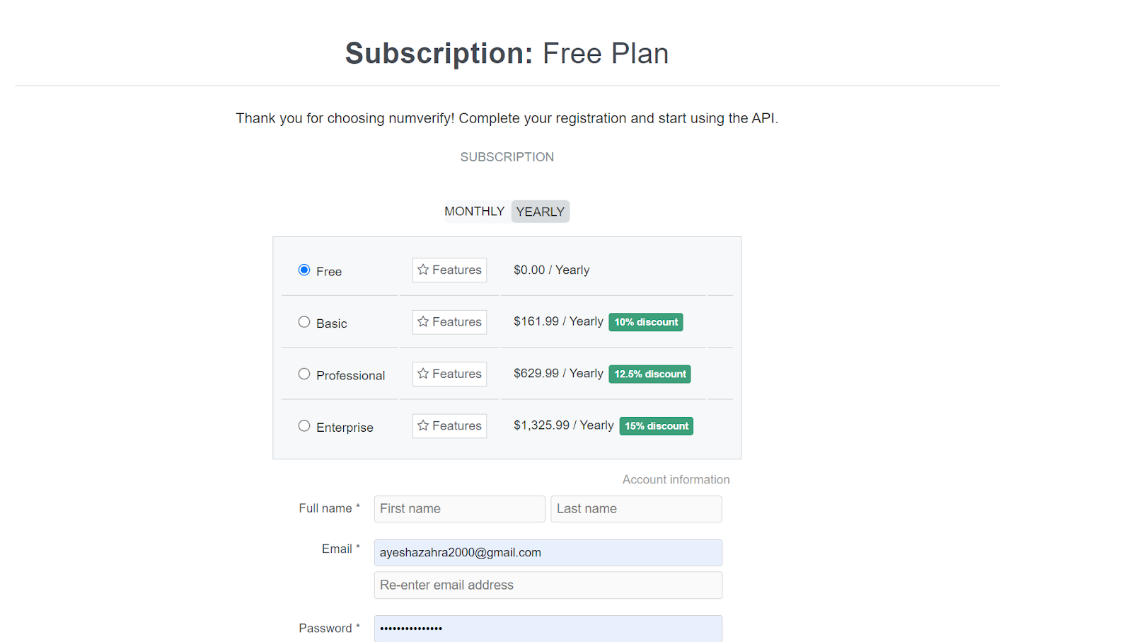 Subscription form for Phone Number Validation API