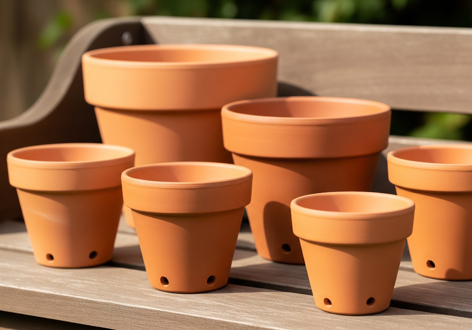 Vários vasos de tamanhos diferentes, alguns com pequenos orifícios de drenagem visíveis na parte inferior, prontos para o plantio.